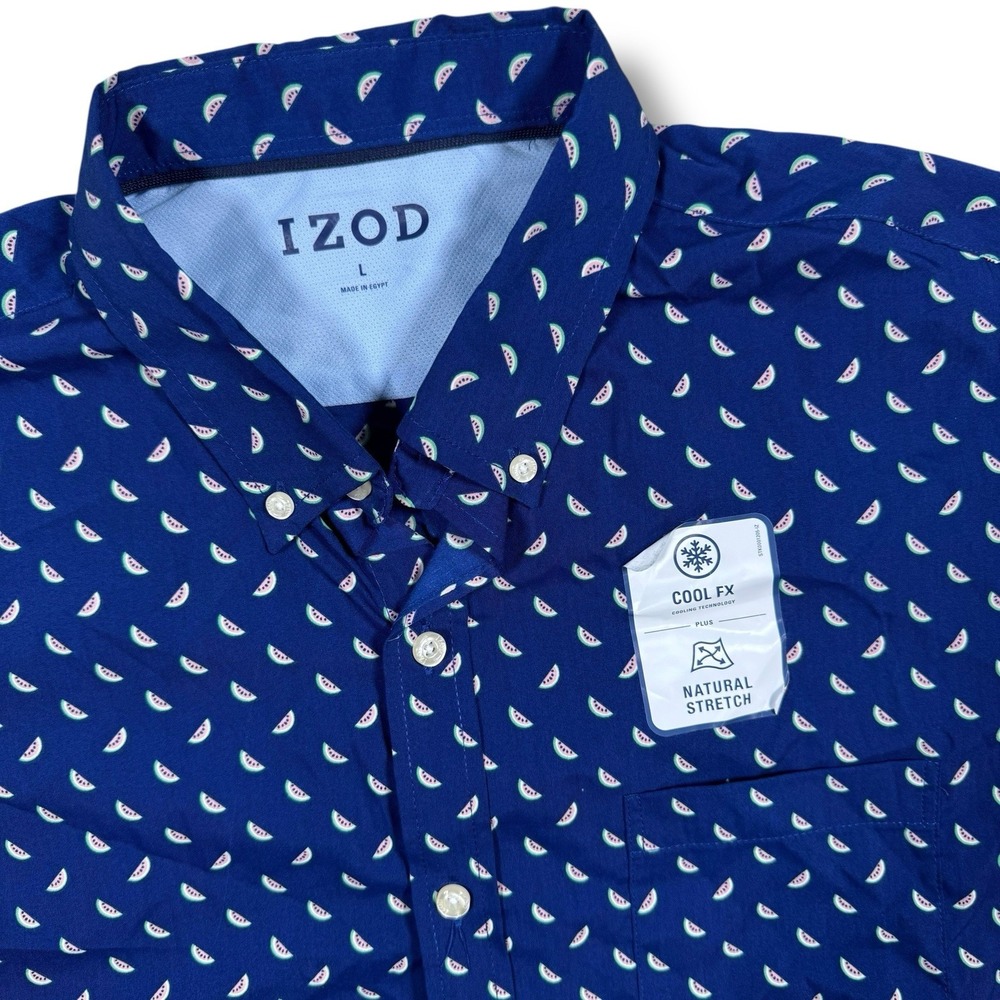 New IZOD Men's Shirt Watermelon Print Short Sleeve Button Up Large Blue Cool FX‎